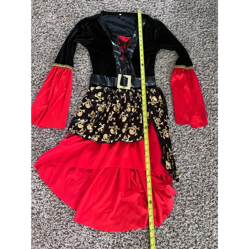 Kids Pirate Costume Dress Black Red Gold Skull Print Halloween Small